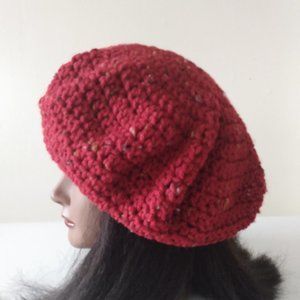 SALE! Serenity and Luxe | Burgundy Red Tweed Cher Beret Crochet Hat | ONE SIZE